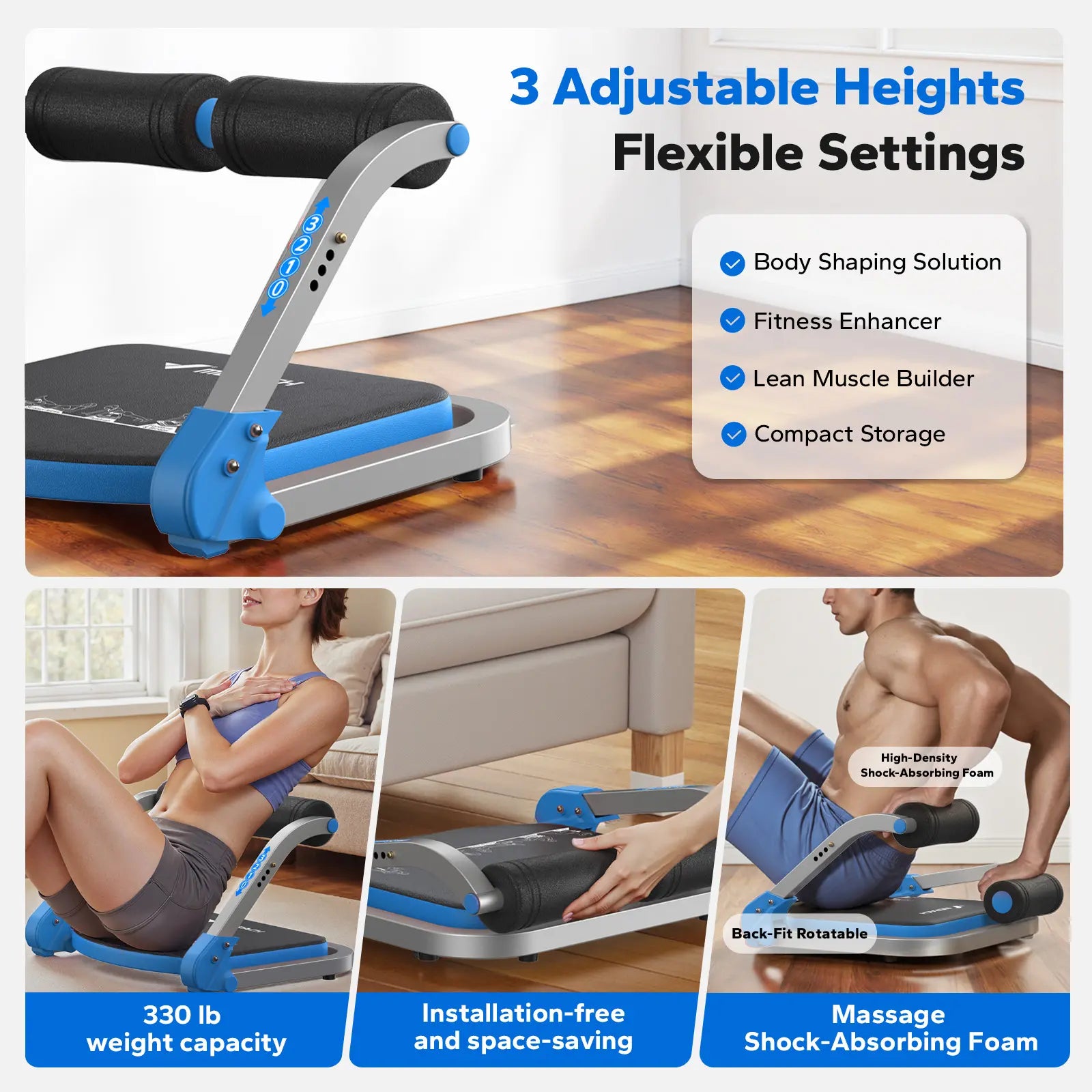 Space-Saving 3-Gear Roll-Up Core Trainer, Adjustable Sit-Up Exercise Equipment for Abs Muscle Building